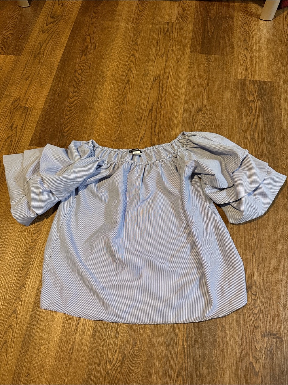 Light Blue Off-Shoulder Ruffle Sleeve Blouse